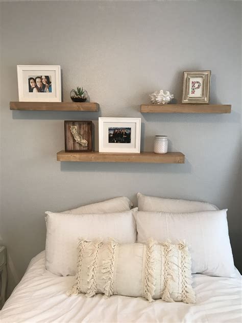 3 shelves above bed. White and grey bedroom. Fun room makeover :) | Bedroom wall decor above bed ...