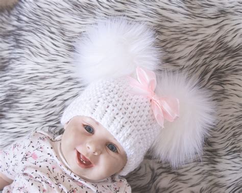 White Baby girl double pom pom hat with bow Preemie hat | Etsy