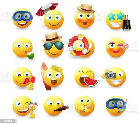 Smileys Summer Emoticon Vector Set Smiley Emoji In Yellow Icon With ...