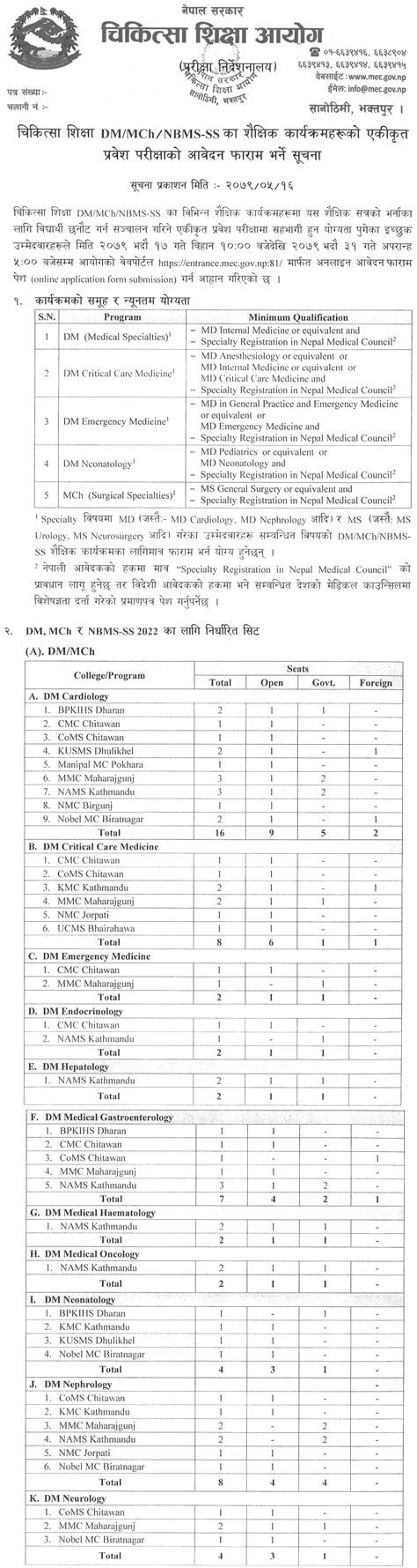 DM/MCH/NBMS-SS Common Entrance Exam Notice from Medical Education Commission (MEC)