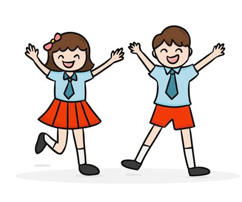 two happy kids, boy and girl student in elementary school uniform. Back to school concept ...