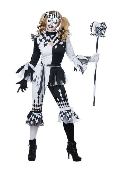 Women's Black and White Creepy Jester Costume - Mardi Gras Costumes