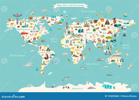 Landmarks World Map Vector Cartoon Illustration Stock Vector - Illustration of continents, flat ...