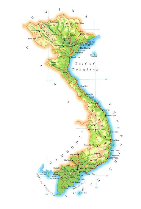 Large elevation map of Vietnam with roads, railroads, major cities and ...