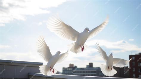 Premium Photo | White pigeons flying in the bright sky set