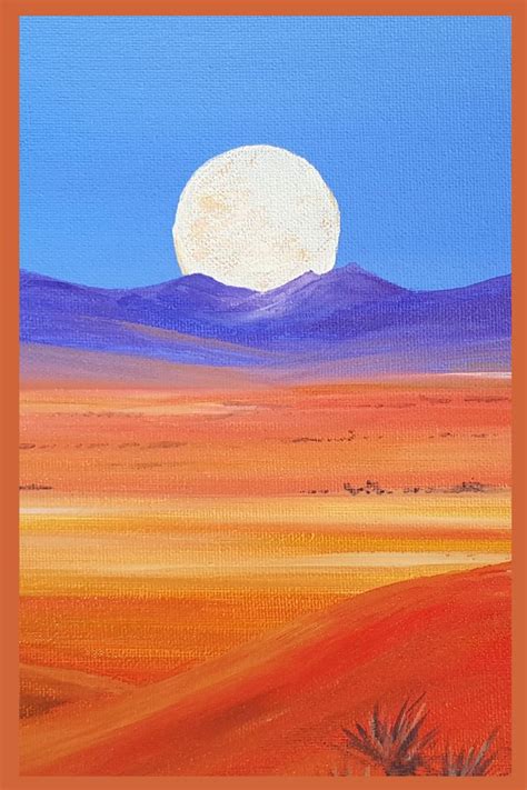 an oil painting of a desert landscape with the moon in the sky and mountains behind it