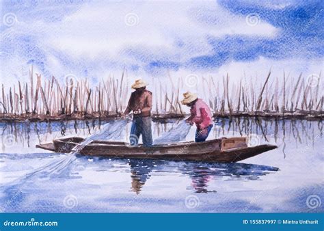 The Fisherman Catching The Fish In Watercolor Painting Royalty-Free Stock Photo | CartoonDealer ...