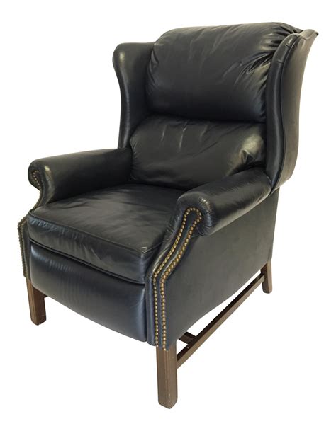 Lane Navy Leather Mid-Century Wingback Recliner | Chairish