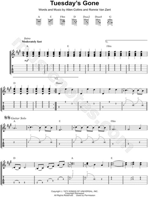 Lynyrd Skynyrd "Tuesday's Gone" Guitar Tab in A Major - Download & Print - SKU: MN0088350