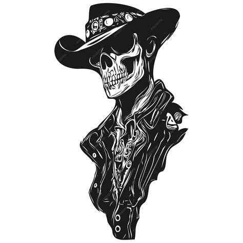 Premium Vector | Skull cowboy hand drawing skeleton with cowboy hat black and white line art