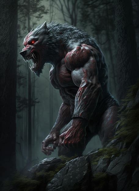 Premium AI Image | A werewolf with red eyes stands in a dark forest.