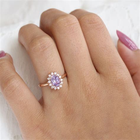 Natural Purple Sapphire Engagement Ring Rose Gold Diamond Cluster Ring