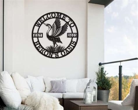 Personalized Heron Metal Wall Art Sign Elegant Lake Bird Sign for Family Backyard Pond or Lake ...