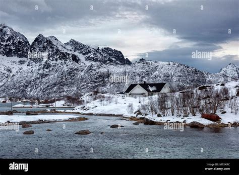 Snow covered landscape in the Lofoten Islands of Norway Stock Photo - Alamy