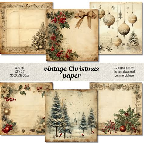 Vintage Christmas Paper, Retro Christmas Background Old Scrapbook Paper, Digital Papers for ...