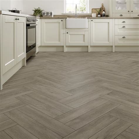 Howdens Herringbone Pearl Grey Oak Luxury Rigid Vinyl Flooring with ...