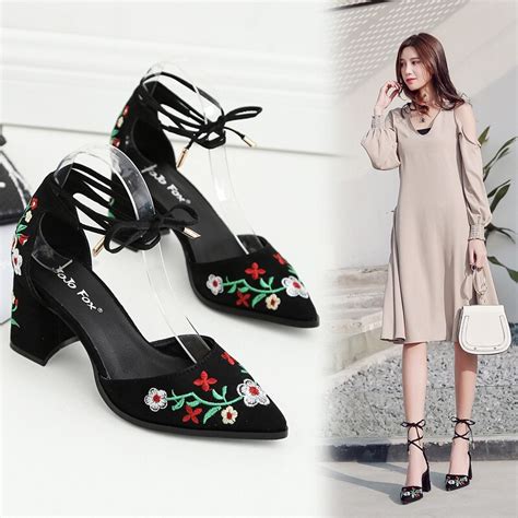 Embroidery Women Ankle Strap Pointed Toe High Heels Sandals Shoes Lady ...