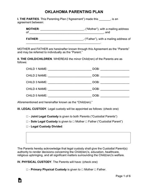 Free Oklahoma Custody (Parenting Plan) Agreement - PDF | Word – eForms