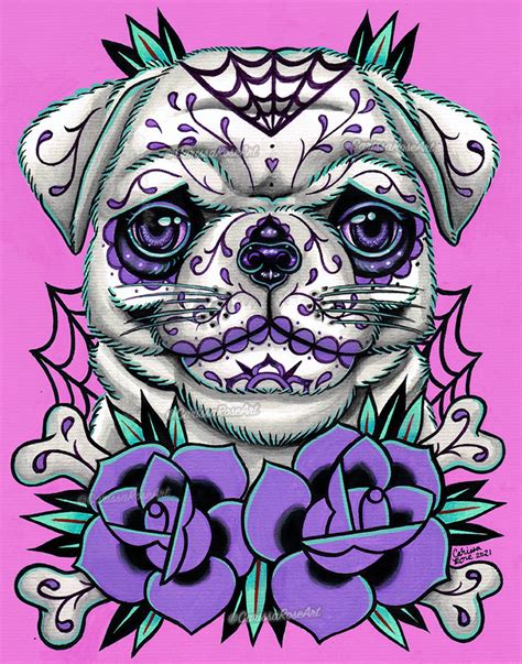 Sugar Skull Pug Dog Tattoo Art Print 5x7 8x10 or 10.5x13.8 | Etsy