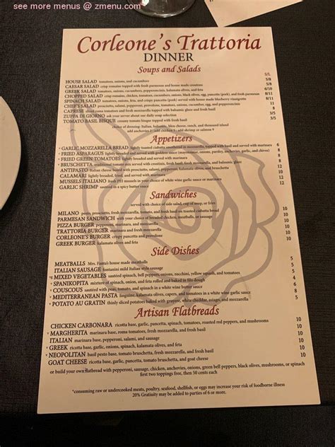 Menu at Corleone's restaurant, Savannah