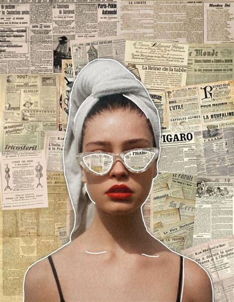 a woman with glasses and a towel on her head is surrounded by newspaper clippings