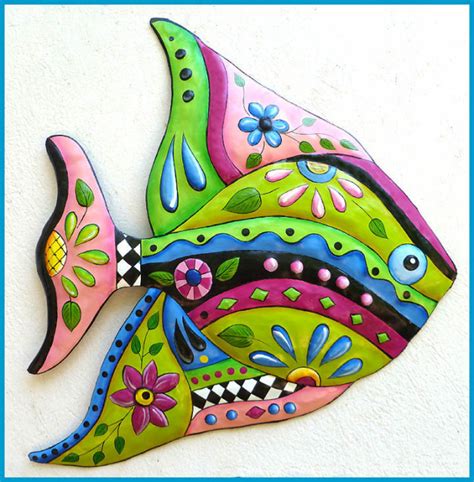 Hand painted tropical fish wall decor, Brightly painted metal fish wall art - Tropical decor ...