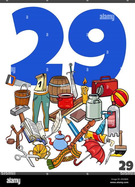 Cartoon illustration of number twenty nine for children with objects ...