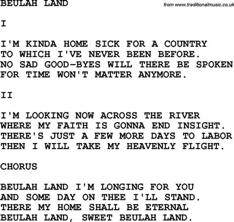 Country, Southern and Bluegrass Gospel Song Beulah Land lyrics | Song ...