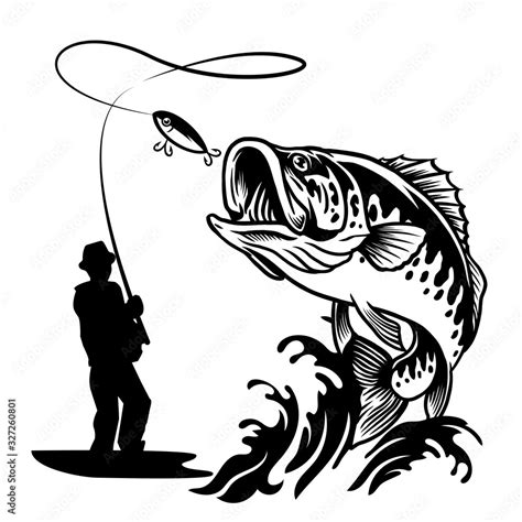 fisherman catching the big bass fish in black and white style เวกเตอร์ ...