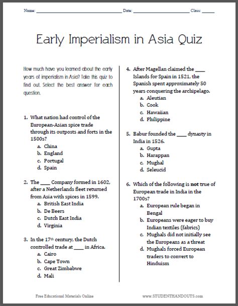 Early Imperialism in Asia Pop Quiz | Student Handouts