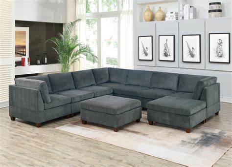 Unique Modular 9pc Sectional Sofa Set Grey Chenille Fabric Wood Legs 3 x Corner Wedge 4x Armless ...
