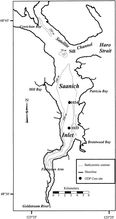 Map of Saanich Inlet showing core sites 1033 and 1034 from ODP Leg 169S. | Download Scientific ...