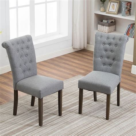 Grey Fabric Tufted Linen Dining Chairs Set of 2, Upholstered High Back ...