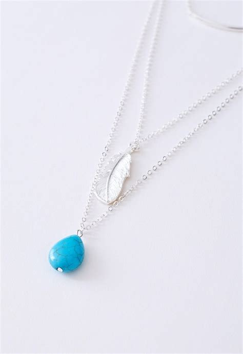 Turquoise Feather Pendant Multi-Layered Necklace in Silver - Retro ...