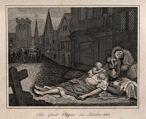 Two women lying dead in a London street during the great plague, 1665, one with a child who is ...