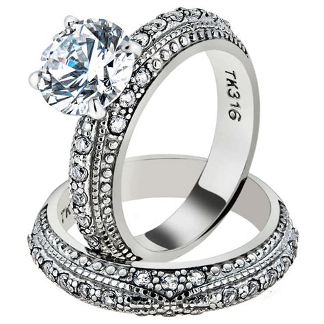 ARTK1331 Stainless Steel 2.50 Ct Round Cut CZ Silver Wedding Ring Set ...