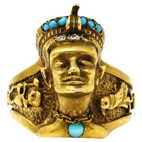 Vintage Egyptian Revival Diamond Turquoise 14 Karat Gold Hieroglyph Ring at 1stDibs