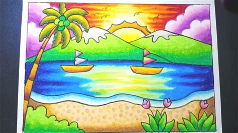 Menggambar dan mewarnai Pemandangan pantai dengan gradasi crayon ...