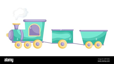 Green-purple cartoon train for children isolated on white background, colorful train in flat ...