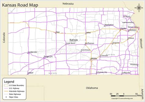 Kansas Road Map - Check U.S. & Interstate Highways, State Routes - Whereig