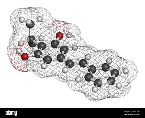 Benvitimod or tapinarof psoriasis drug molecule. 3D rendering. Atoms are represented as spheres ...