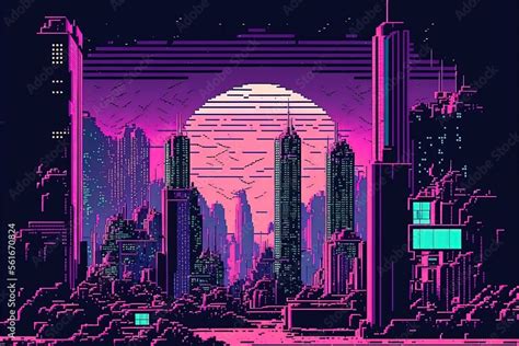 Pixel art city in vaporwave style, background in retro style for 8 bit game, Generative AI Stock ...