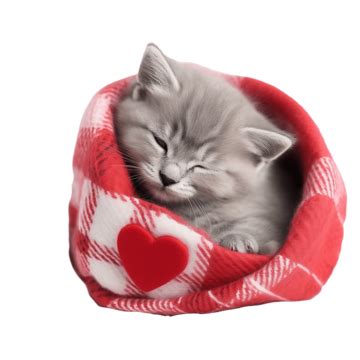 Little Bluegray British Kitten Sleeping Wrapped In White Plaid Blanket Red Heart Valentine S Day ...