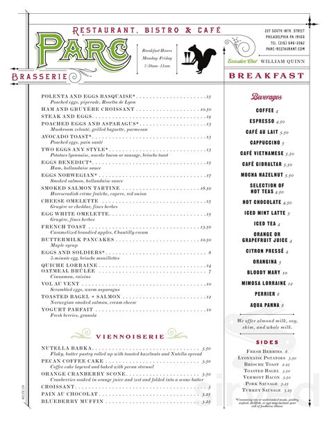 Parc menu in Philadelphia, Pennsylvania, USA