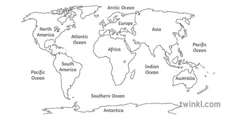 World Continents and Oceans Map Labelled Globe Geography KS3 Bw RGB