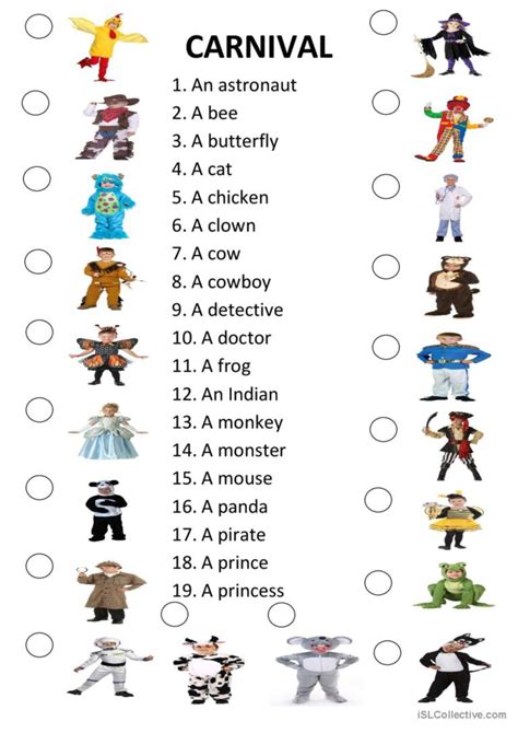 20 CARNIVAL COSTUMES - Matching: English ESL worksheets pdf & doc