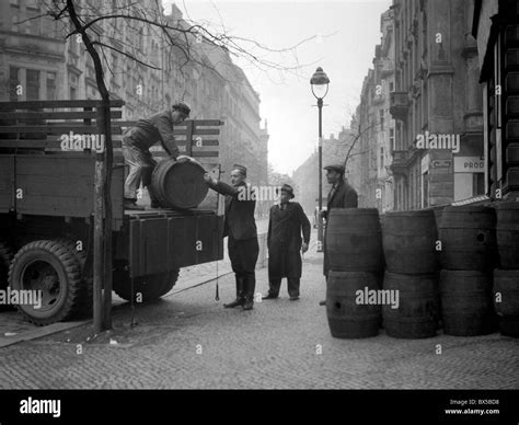 Prague 1946, barrels of wine are delivered to wine cellar. CTK Vintage Photo Stock Photo - Alamy