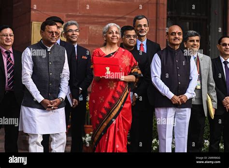 New Delhi, Delhi, India. 1st Feb, 2023. India's Finance Minister Nirmala .Sitharaman (C) holds a ...