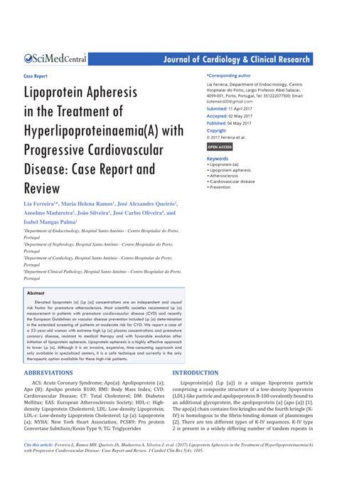 (PDF) Lipoprotein Apheresis in the Treatment of Hyperlipoproteinaemia(A) with Progressive ...