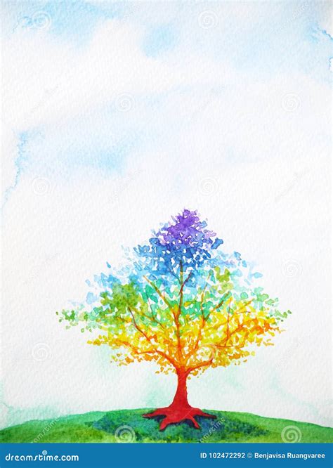 Rainbow Tree Color Colorful Watercolor Painting Illustration Stock Illustration - Illustration ...